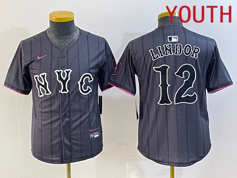 Youth New York Mets #12 Lindor Black City Edition 2024 Nike MLB Jersey style 2->youth mlb jersey->Youth Jersey